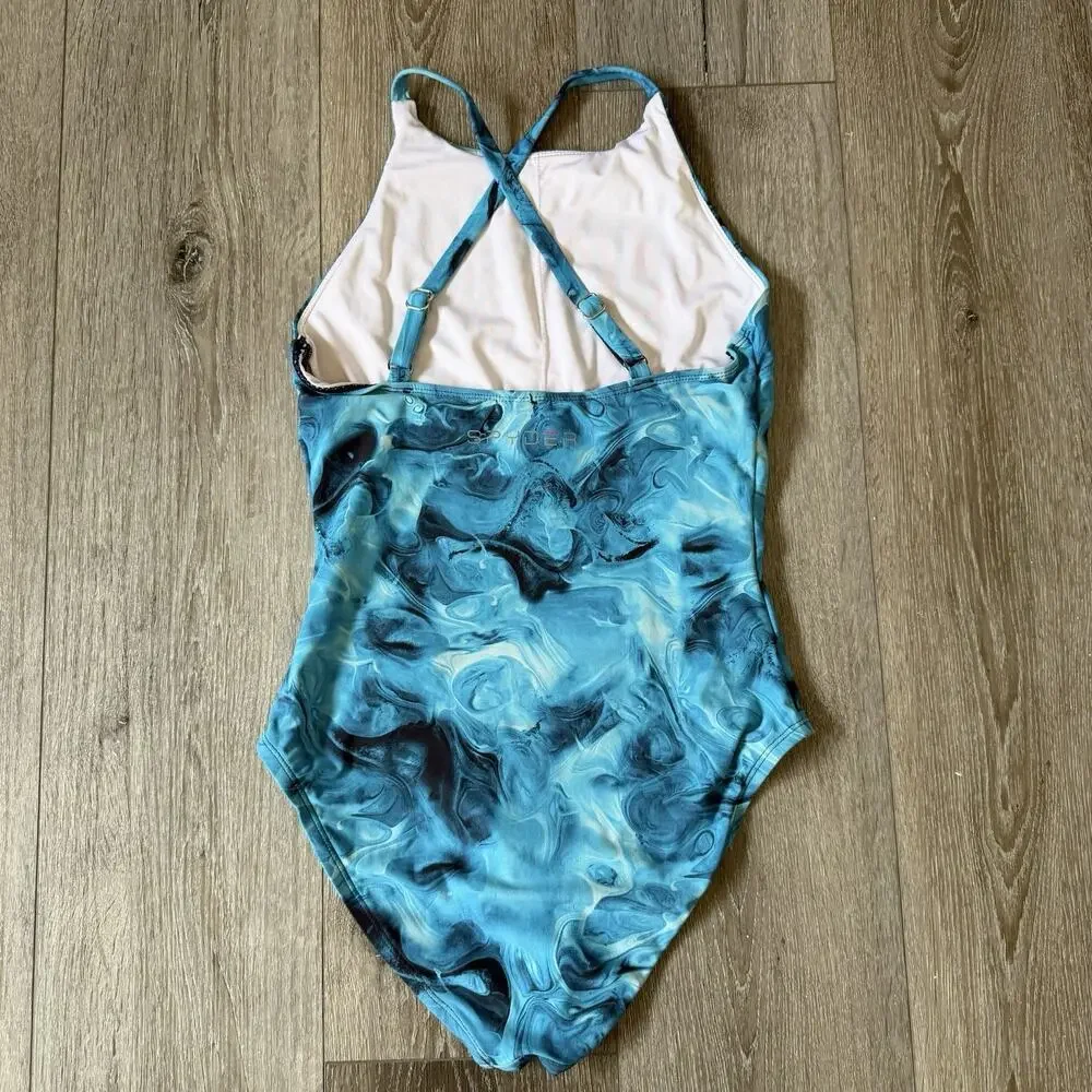 Spyder Blue Marble Water Print High Neck Racerback One Piece Swimsuit Sz S